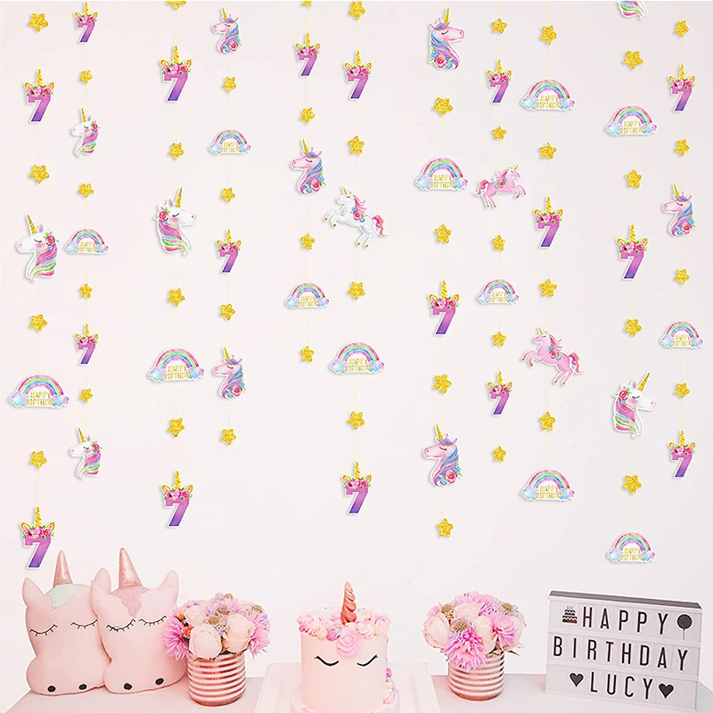Unicorn 7th Birthday Party Banner Decorations for Girls Garland Streamer Backdrop Number 7 Happy Birthday 7 Years Old Supplies