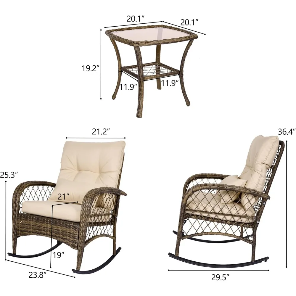 MAXPRIME 3 Pieces Outdoor Wicker Bistro Set, Rattan Outdoor Rocking Chairs Set of 2 with Cushions & Glass-Top Coffee Table,Patio 2