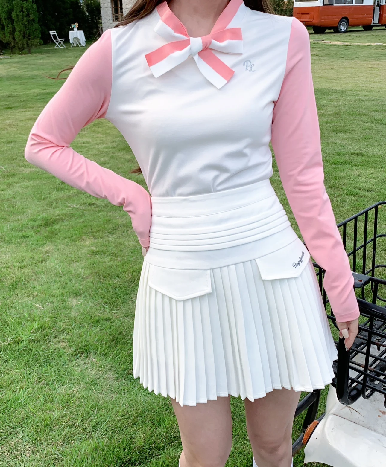 Spring Autumn Golf Clothing Women's Long Sleeved Shirt Bowknot Tie Sports Top Tennis Pleated Skirt Ladies Top Skort Suit