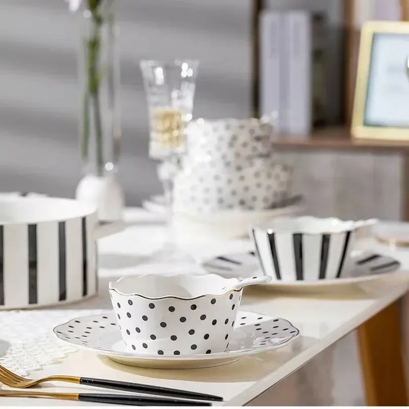 White With Gilt Porcelain Rim Plates For Dinner Food Service Dishes Soup Salad Bowl Ceramic Source Coffee Set Polka Dot Gifts