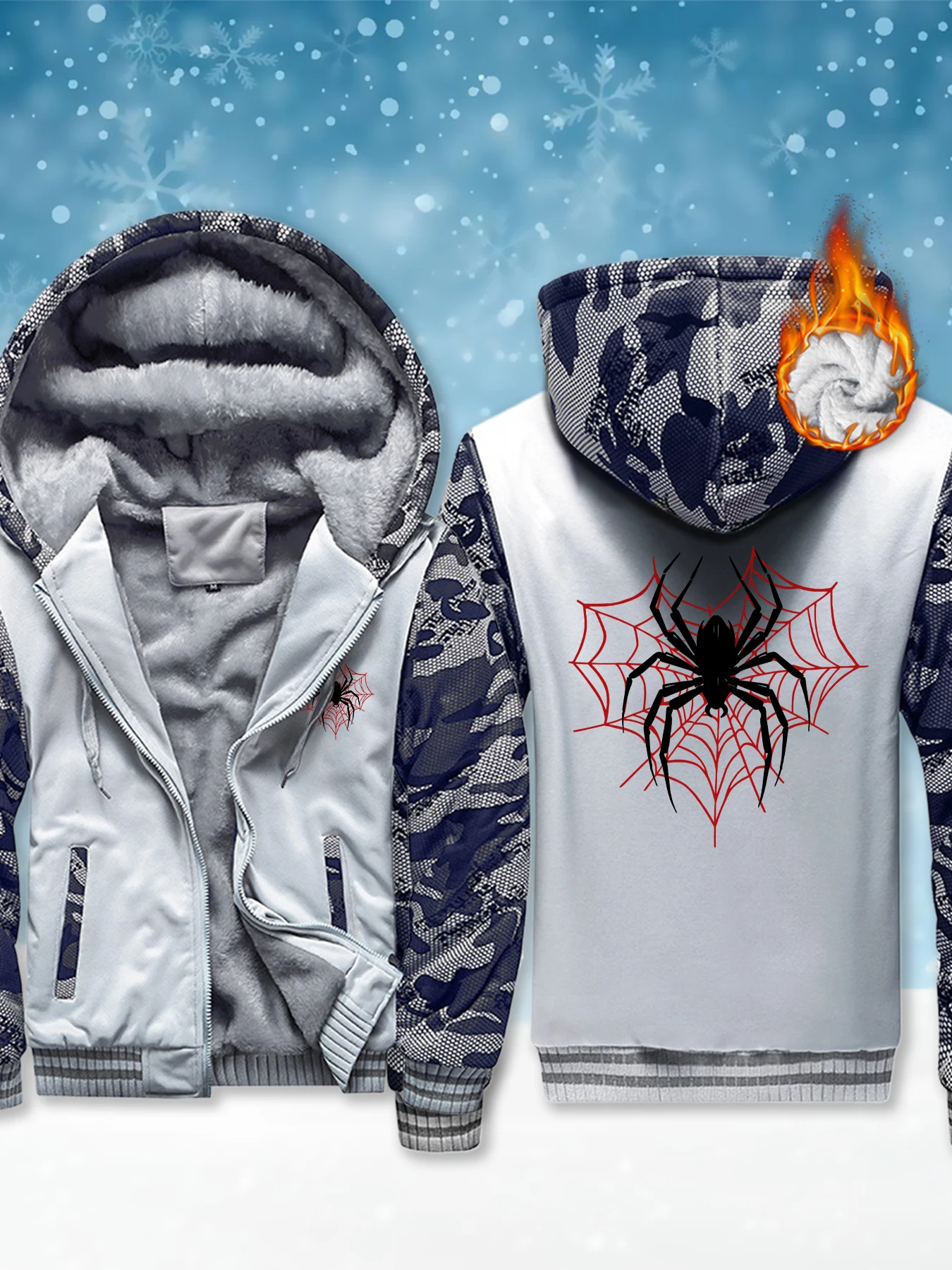 Spiders On The Spider Web Printing Men's Jacket Casual Fashion Sweatshirt Zipper Thick Clothing Winter Soft Warm Hoodies