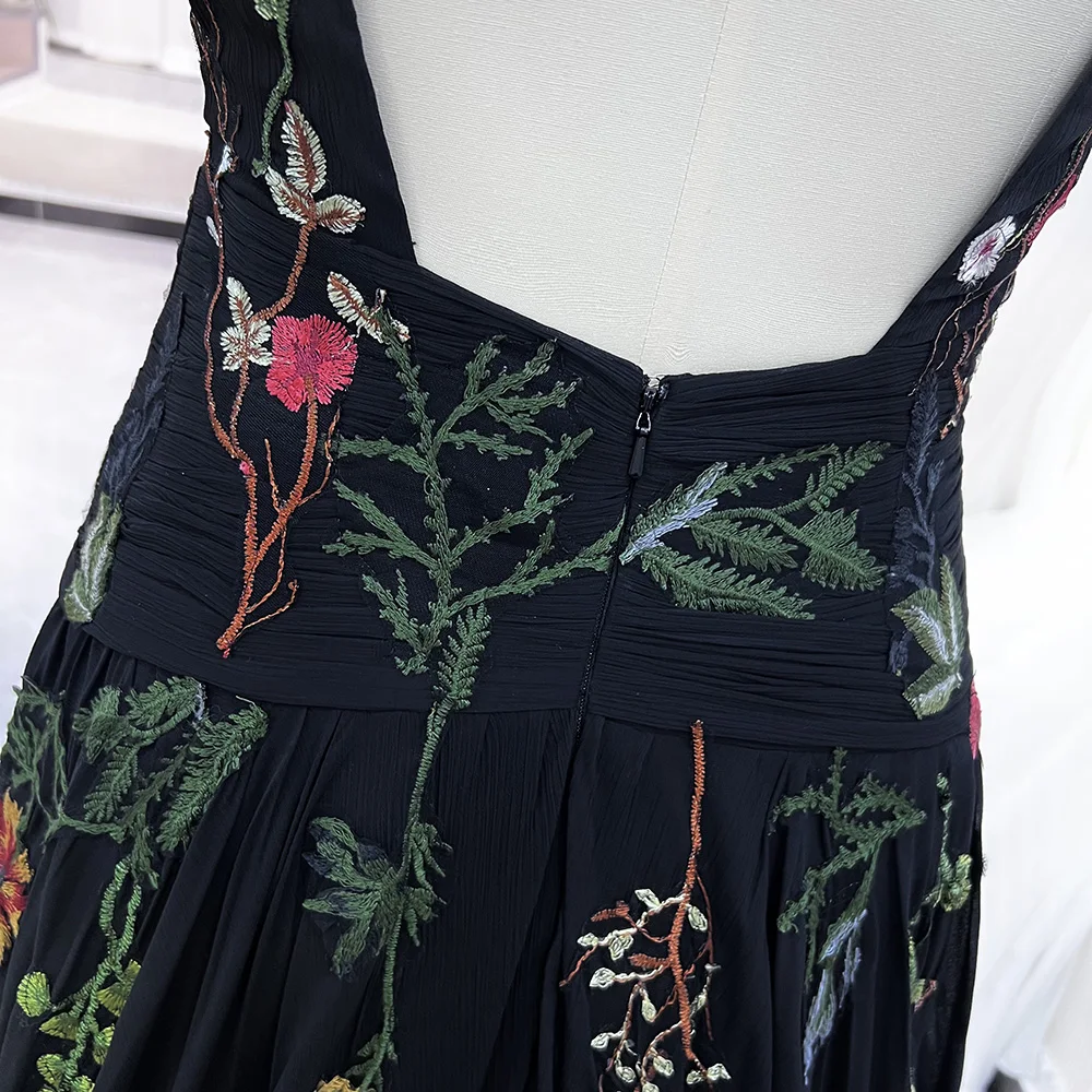 Mryarce Schwarze Brautkleider mit abnehmbaren Ärmeln, Blumenstickerei, Spitzenstruktur, Chiffon-Brautkleider – Detail 10