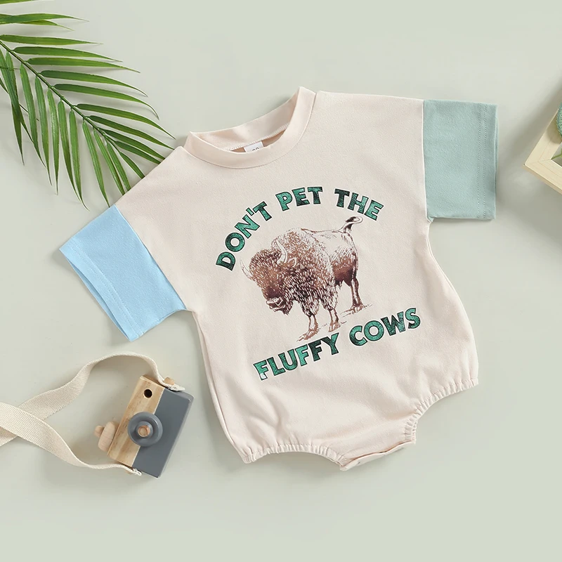 FOCUSNORM 5 Style Baby Girls Boys Cute Romper 0-18M Casual Short Sleeve O Neck Letter Cattle Print Sweatshirt Jumpsuits