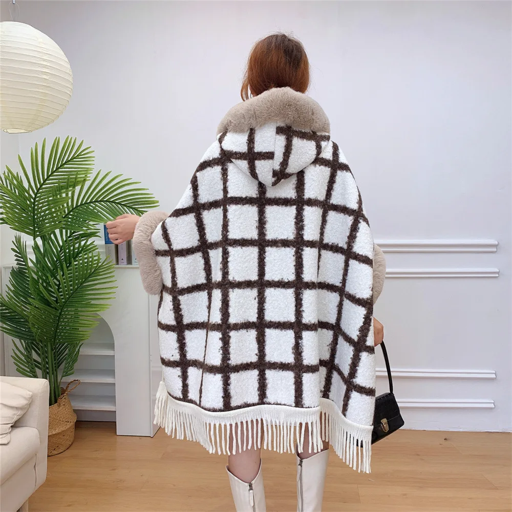 Winter Women Striped Faux Lamb Loose Poncho Cape Thick Warm Granular Velvet Oversize Cloak Batwing  Sleeves Overcoat With Hat