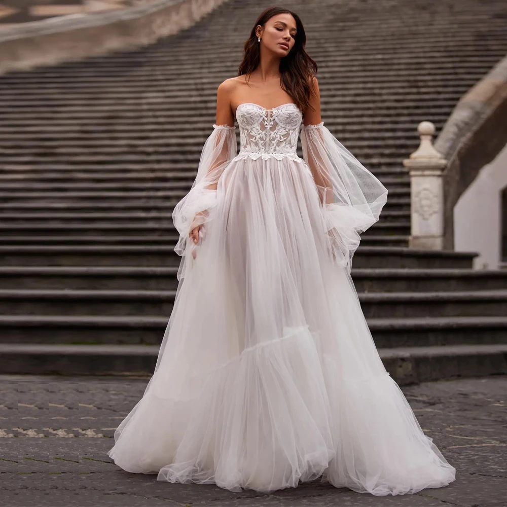 

Stylish A-Line Wedding Dresses Women Puffy Sleeve Sweetheart Boho Bridal Gown Lace Appliques Pleat Tulle Vestidos De Novia