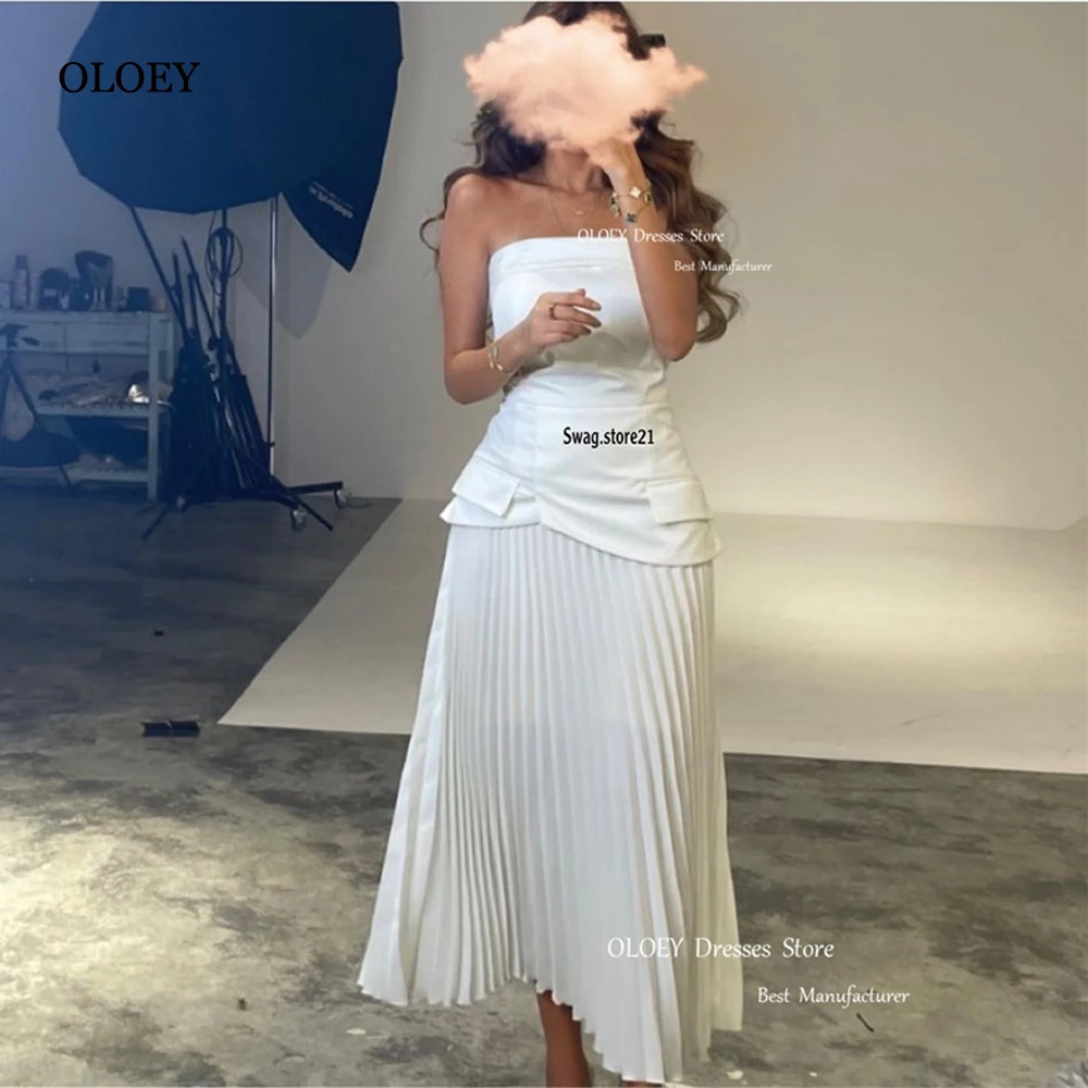 

OLOEY White Saudi Arabic Women Evening Party Dresses Strapless Satin Pleats Skirt Ankle Length Prom Formal Gowns Night Event