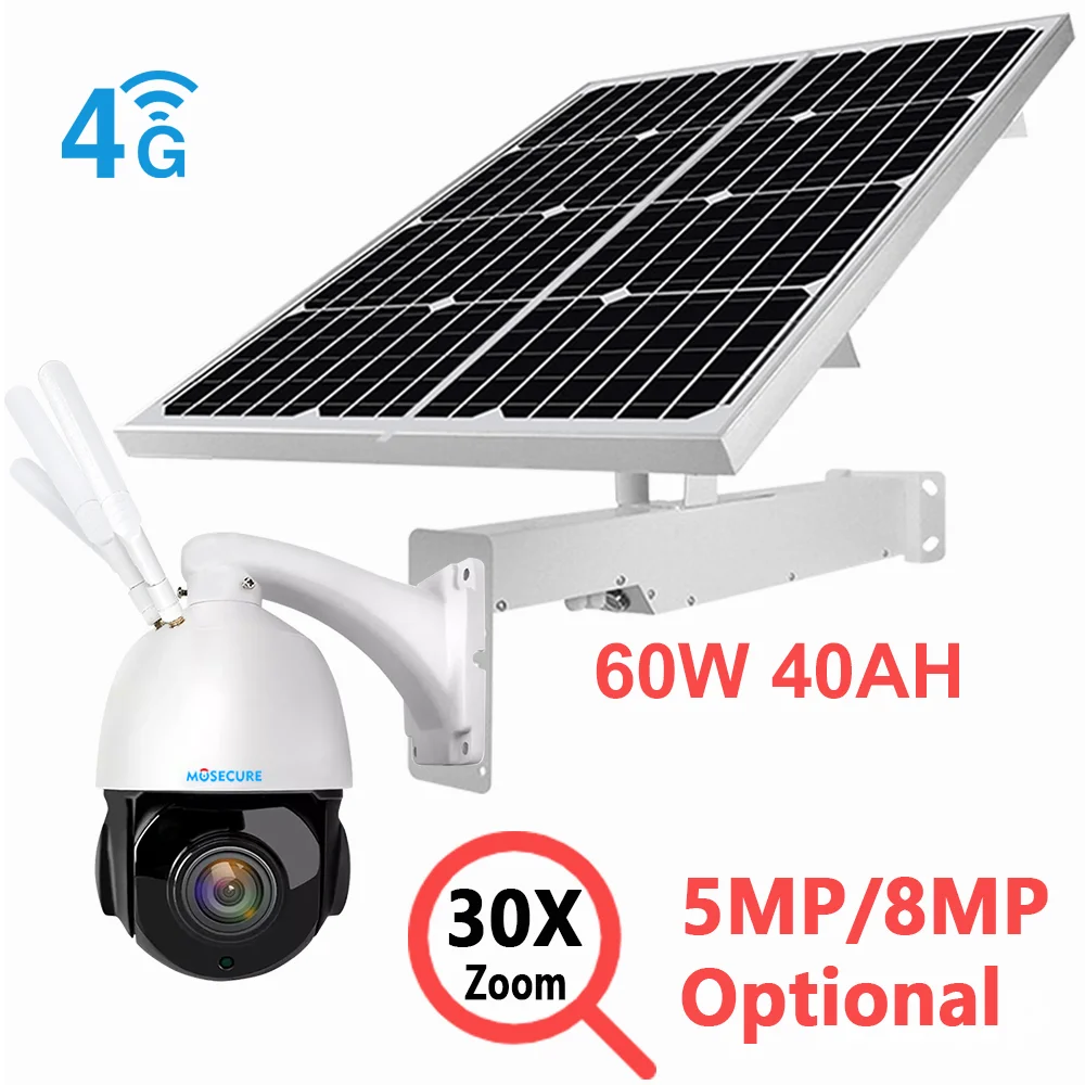 MOSECURE Solar Powered Camera Security System Kit with 60W Solar Panel 40AH Battery 5MP/8MP 30X Zoom 4G Ai Tracking Camera and white 4k 8mp profession solar cameras wifi dual lens 10x ptz zoom with solar panel humanoid tracking security battery