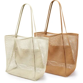 Borsa tote da spiaggia in nylon a rete per donna, borsa tote casual, borsa a tracolla pieghevole da donna per spiaggia, picnic, vacanza, borsa a mano