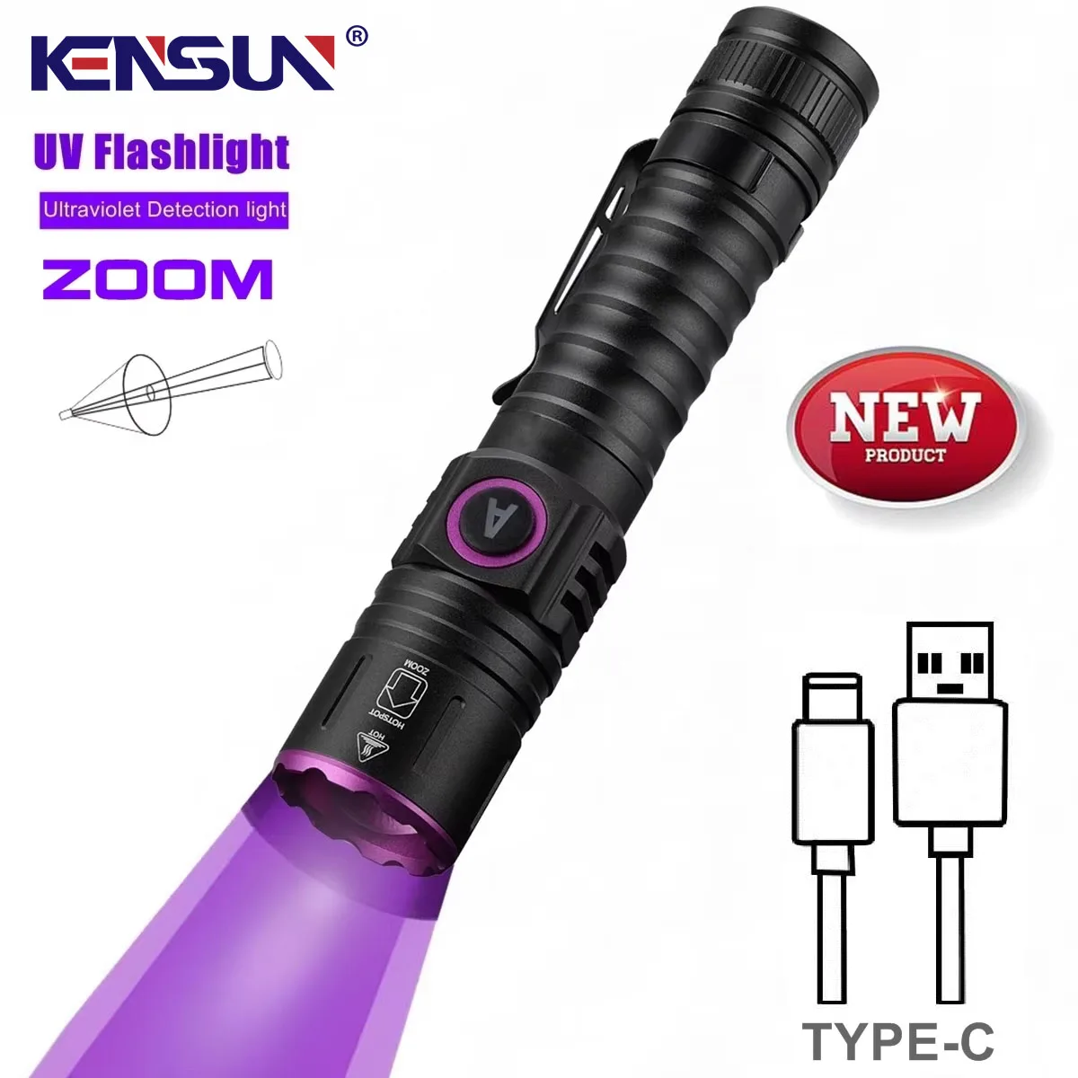365/395nm UV Flashlight Zoom 5W Type C USB Rechargeable Black Light for Resin Curing, Pet Urine Detection, Scorpion with Battery