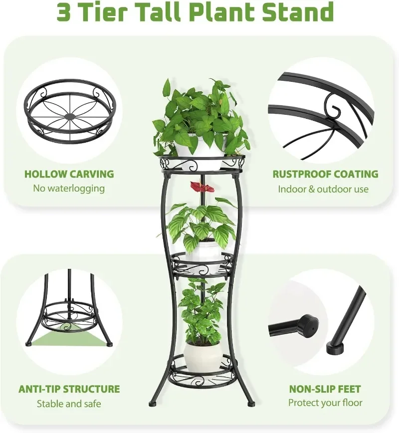 3 Tier Corner Plant Stand Indoor Outdoor, 34 Inch Tall Wrought Iron Plant Stands for Indoor Plants Multiple 4