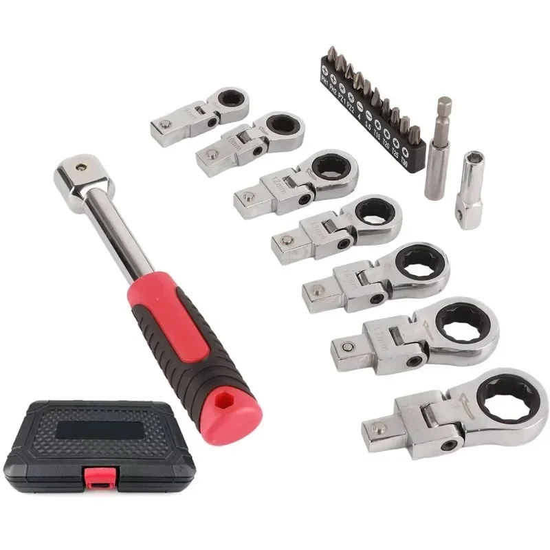 Interchangeable Variable Diameter Heads (8-19mm) Case 20PCS Flex Head Ratchet Wrench Set Metric Rotatable Combination Wrench