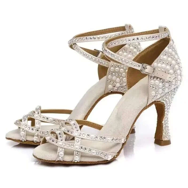 Latin Dance Shoes Women Dance Shoes for Female Adults Hot Pressed Color Diamond and Pearl Sandals Soft Sole 7.5 cm Indoors