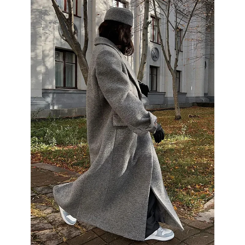Fashion Woolen Long Coat Women Autumn Full Sleeve Button Fake Pocket Split Yellow Overcoat Elegant Oversize New in Outwear