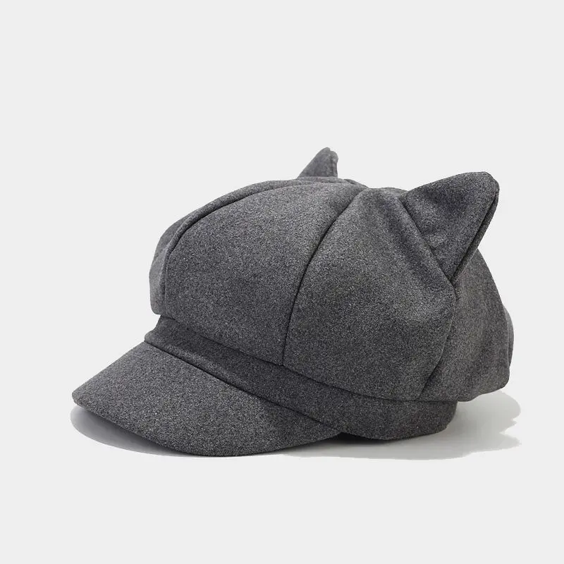 Zeitungs junge Mütze Winter Frauen niedlichen Katzen ohren achteckigen Hut Mädchen Retro Tweed Ente Zunge Hut feste Farbe Maler Mütze heiß – Detail 10