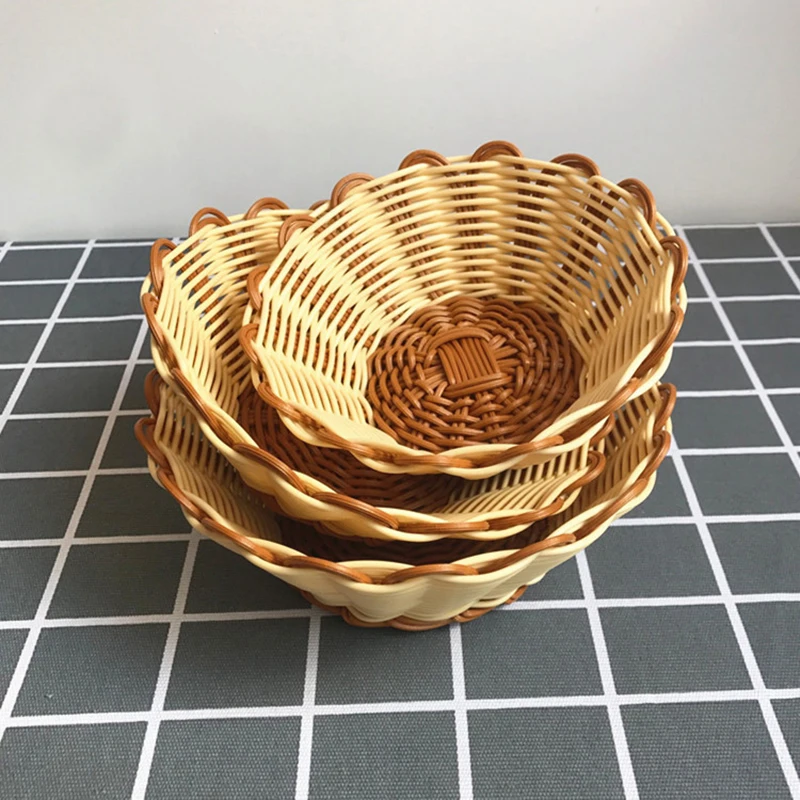 Picnic Basket Round Simulation Rattan Bread Storage Basket Woven Storage Fruit Cake Snacks Tray Hand Woven Tray
