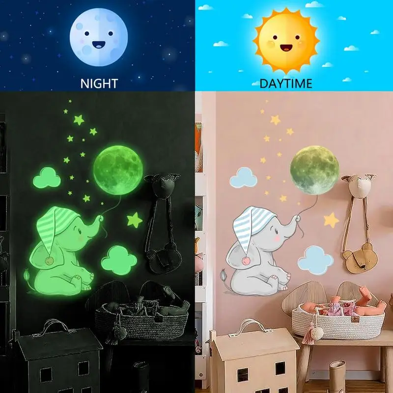 Elephant Wall Decals For Kids Luminous Elephant Nursery Wall Stickers Peel And Stick Removable Waterproof Baby Room Decor Mural