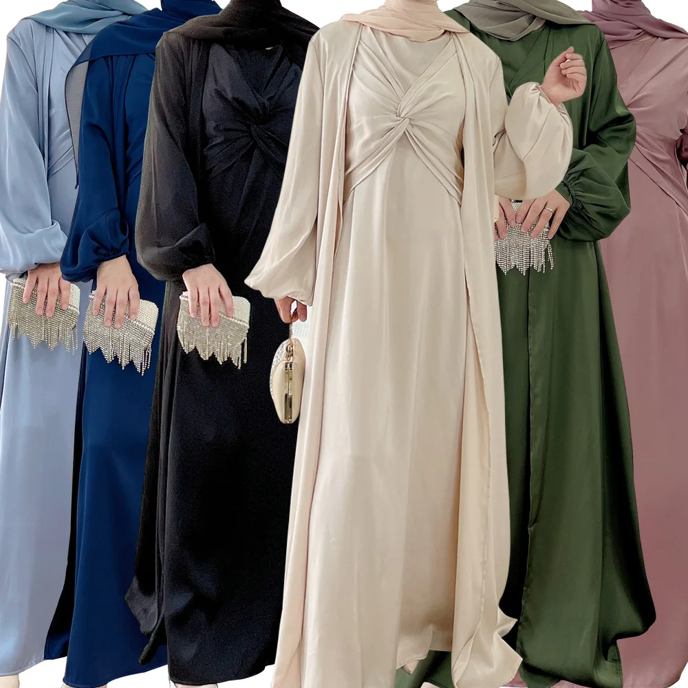 

2 Pieces Set Satin Open Abaya Women Muslim Maxi Dress Kimono Cardigan Islamic Clothing Eid Ramadan Dubai Kaftan Turkey Abayas