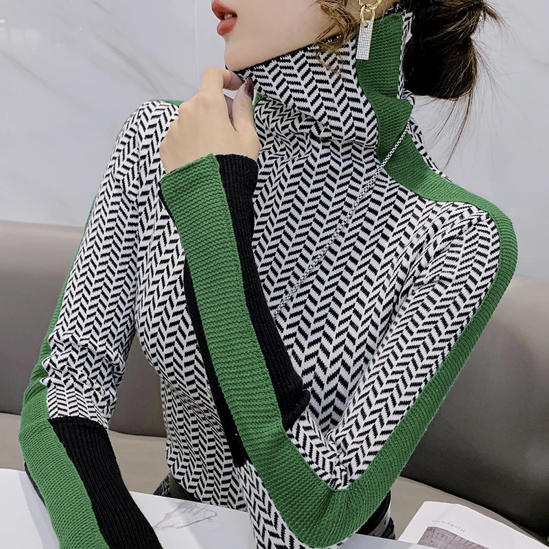 

Fall Winter Korean Clothes Knitted Turtleneck Sweater Warm Commuter Sexy Elegant Women Pullover Retro Contrast Color Tops 1082