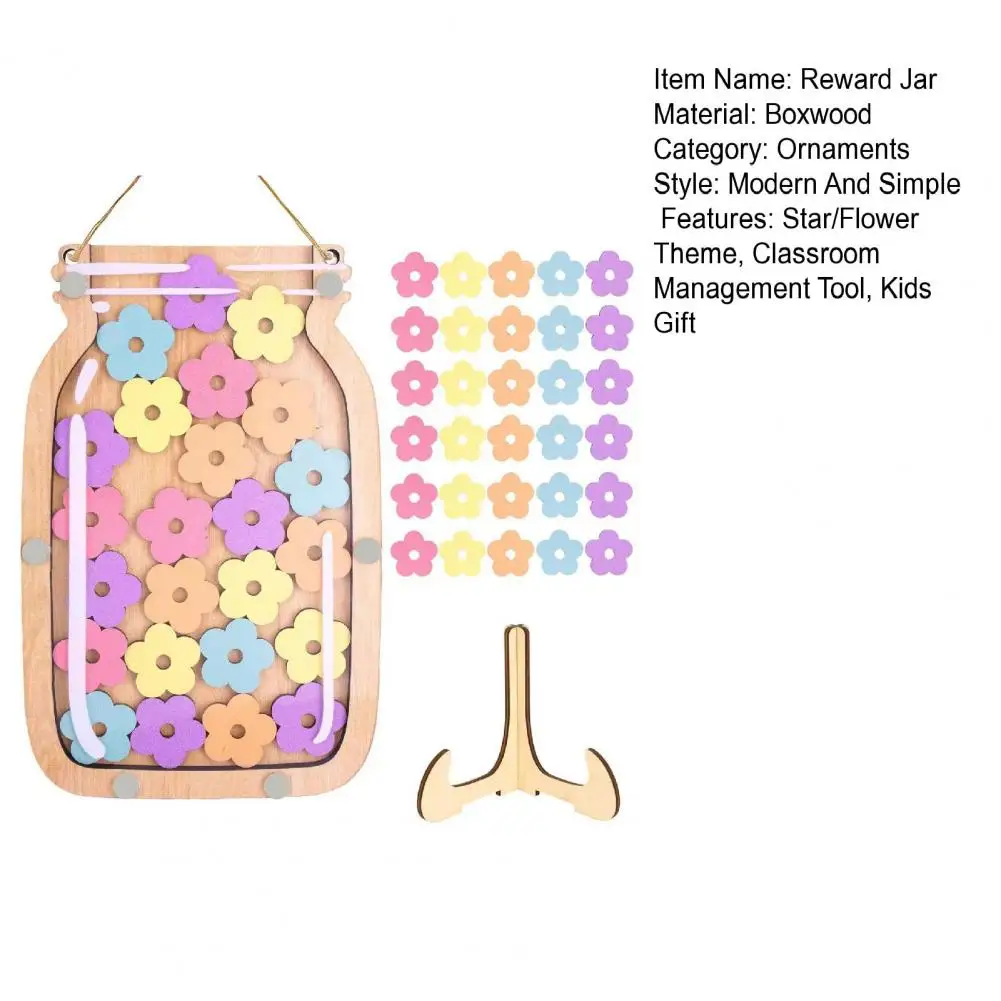 Wooden Reward Jar with 25 Colorful Stars Flowers Kids Students Potty Training Positive Behavior Chart System Home Classroom Mana