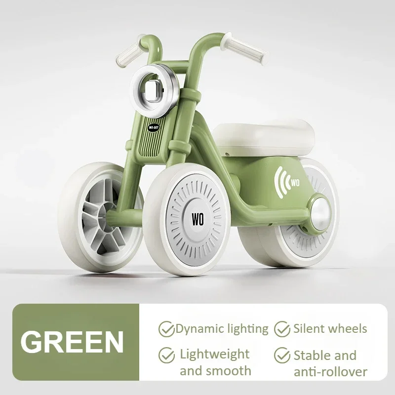 אופני מאזנת ילדים רכיבה על אופנוע תינוקות עם מוזיקה ואורות עיצוב יציב ללא קצה גלגלים שקטים לבנים ובנות