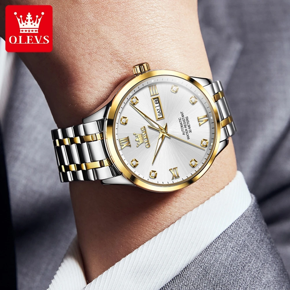 OLEVS 9946 Automatic Watch For Men Dual Calendar Luxury Original Mechanical Wristwatch 42mm Big Dial Waterproof Man Dress Watch