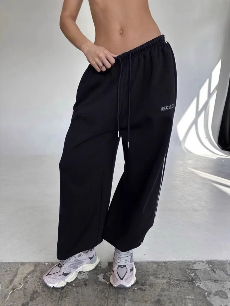 Casual Solid Color Trousers Autumn New Style Elastic Waist Lace Up Letter Embroidered Sweatpants Fashion Sports Style Pants