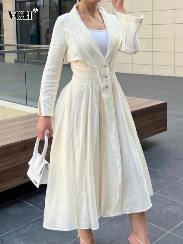 

VGH Solid Patchwork Button Loose Dresses For Women V Neck Long Sleeve High Waist Temperament Dress Female Fashion Clothing New