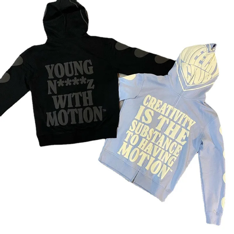 

Y2K Full Zip Hoodies Men Retro Letter Print Long Sleeve Loose Jacket Coats Autumn Winter Harajuku Hip Hop Goth Hooded Sweatshirt