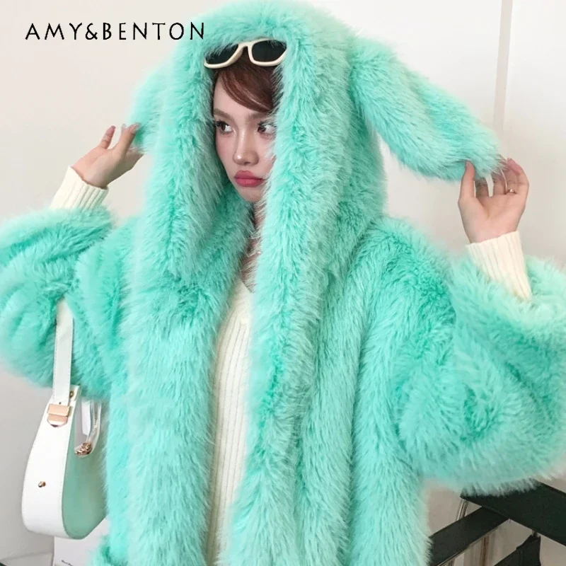 

Mint Green Environmental Protection Woolen Long Loose Cute Rabbit Ears Hooded Furry Coat Female Toka Pocket Jacket Faux Fur Coat