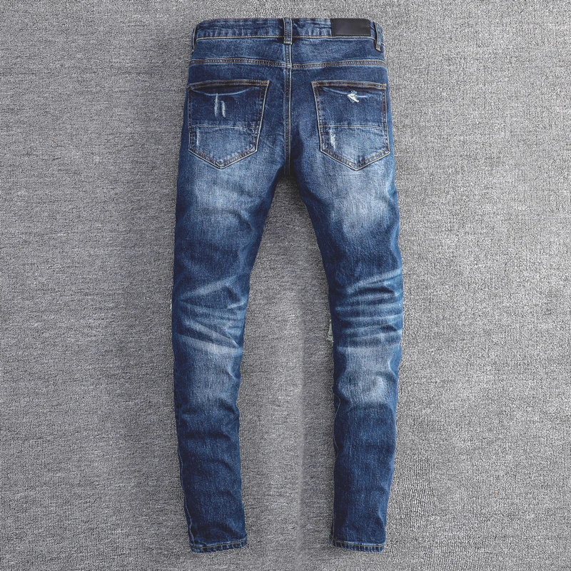 High Street Fashion Men Jeans Retro Blue Stretch Skinny Fit Ripped Jeans Men Orange Leather Patched Designer Hip Hop Brand Pants