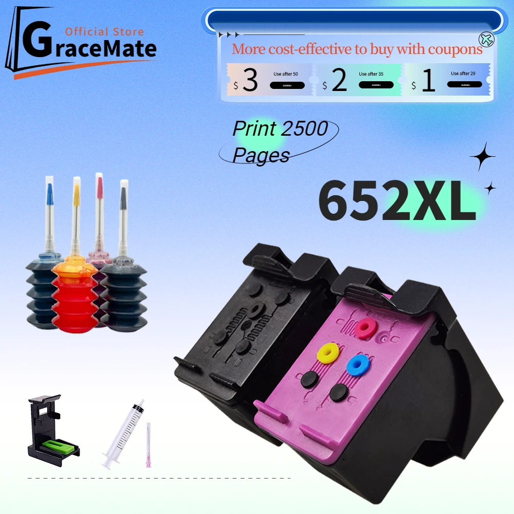 

GraceMate 652XL Remanufactured Replacement hp652 Ink Cartridge for HP 652 XL for Deskjet 1115 2135 3635 3755 3835 3836 4535 4675