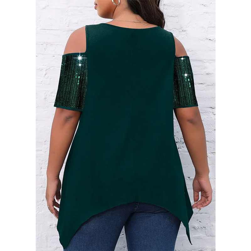 Summer Clothes for Women Hollow Out Irregular T-Shirt Fashion O-Neck Sequined Splice Short Sleeve Blackish Green Plus Size Top