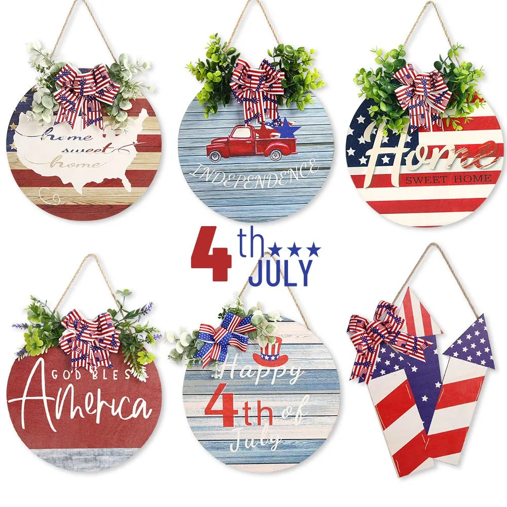 

American Independence Day Wooden Home Decoration Circular Wooden Door Sign Hanger Happy USA Nation Day 4th of July Party Decor