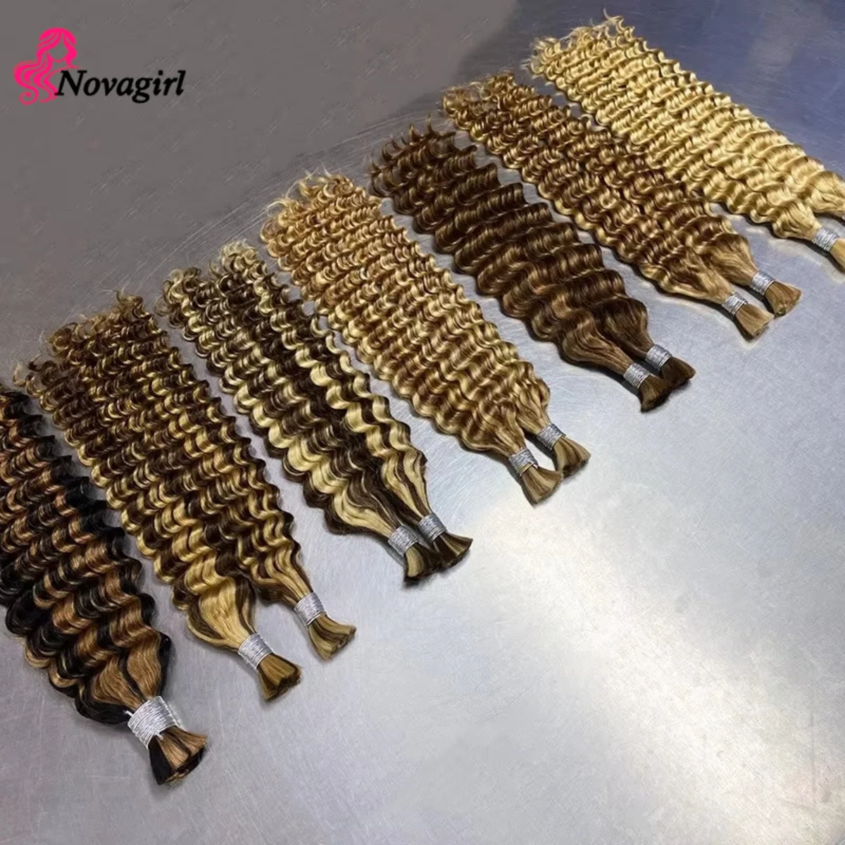 Human Braiding Hair for Boho Braids 50g/Pack Highlight Deep Wave Bulk Human Hair 4/27 Ombre Knotless Braiding Hair Extensions 2
