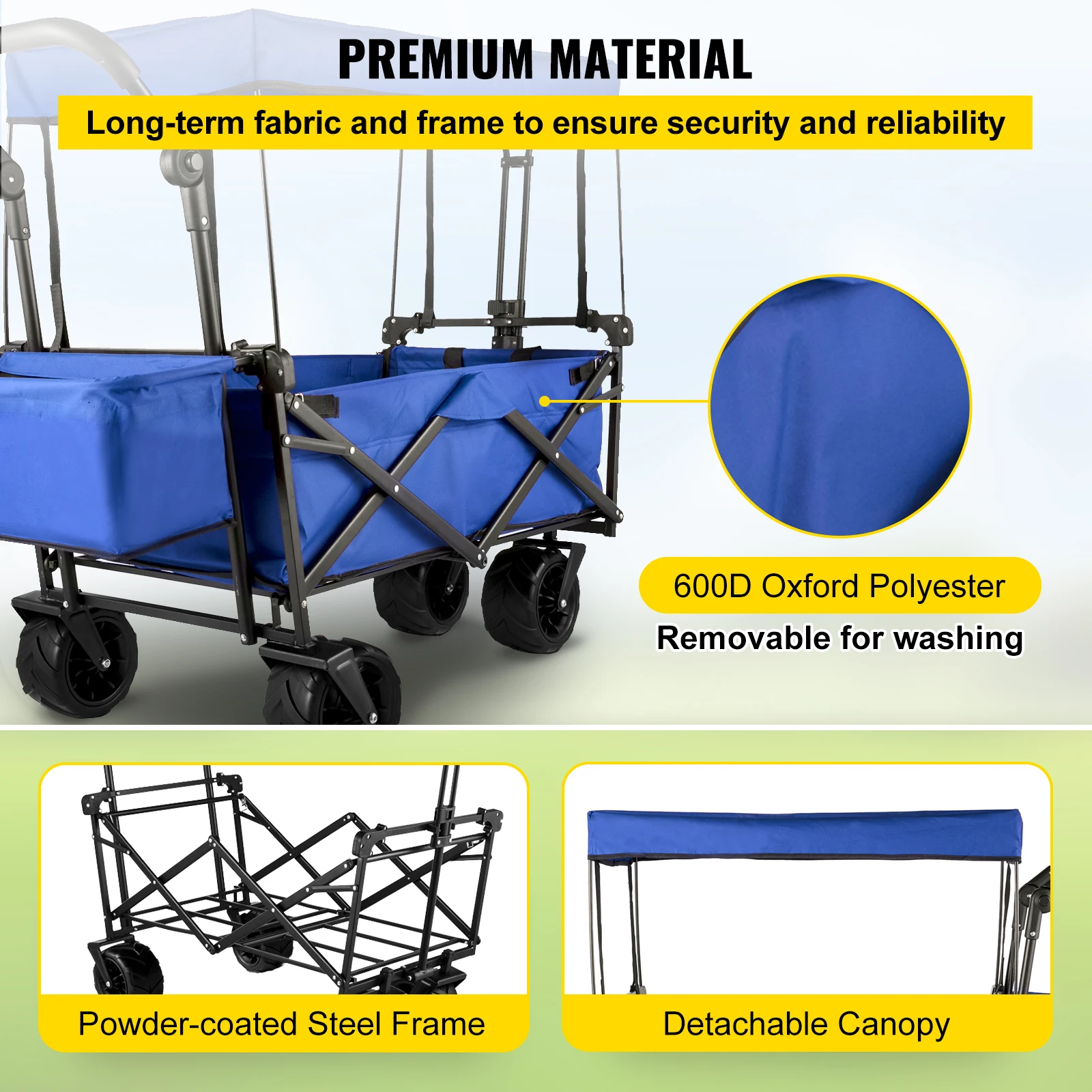 Folding Wagon Cart VEVOR Folding Wagon Cart Adjustable Handle Bar Removable Canopy Oxford Cloth Collapsible Shopping Outdoor Camping Beach Cart
