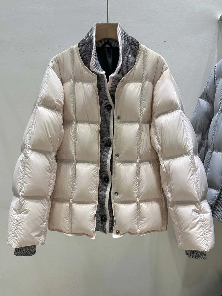 Luxury Knit patchwork down jacket for women 2026 Winter Thick warm turtleneck long sleeve puffer coat Korean style INKEO DJ668