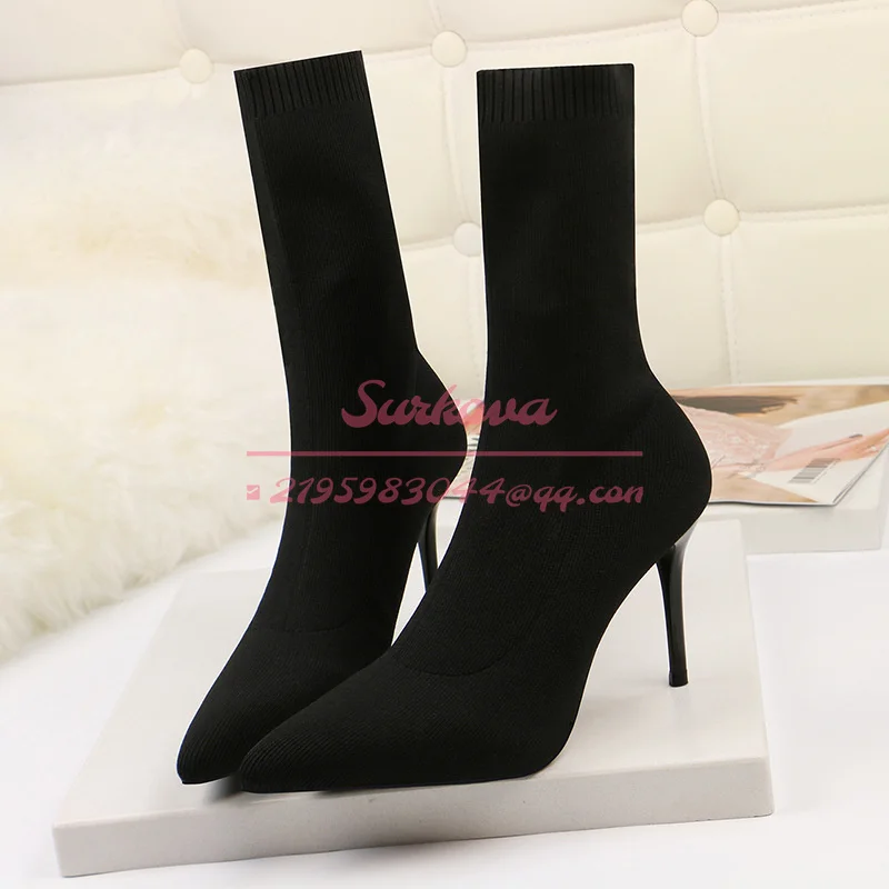 Europe America Autumn Winter Socks Knitted Elastic Cloth Women's Boots Thin Heel Women's High Heel Single Shoes Pointed Boots