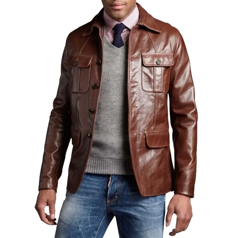 Men Genuine Soft Lambskin Leather Jacket Button-down Brown Coat