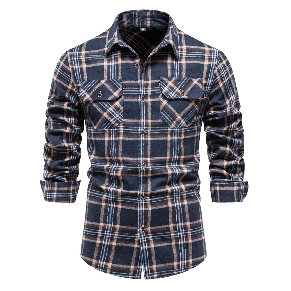 AIOPESON Double Pocket Flannel Men Plaid Shirts Long Sleeve Social Business Shirts for Men