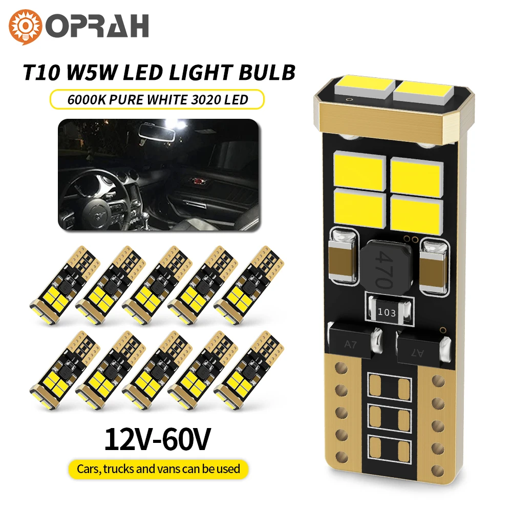 

Oprah 10x T10 W5W 194 501 Led Canbus No Error 3020 10SMD For Car Interior Light Instrument Lights Dome Reading Signal Lamp White