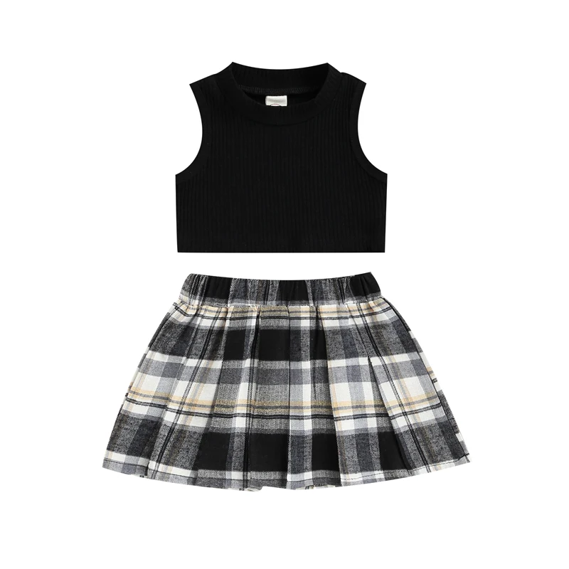 

Toddler Girl Trendy Outfits Summer 2 Piece Skirt Set Sleeveless Ribbed Crop Tank Vest Plaid Pleated Skirt Clothes