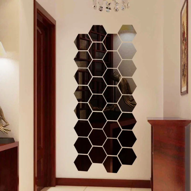 Wall Sticker Mirror Wall Sticker Acrylic Wall Sticker Acrylic Mosaic Tiles Sticker 12 Pcs Mirror Wall Stickers Hexagon 3D Acrylic Self Adhesive Tile Decals DIY Home Decor Art Mirror Red Blue Black Gold Silver