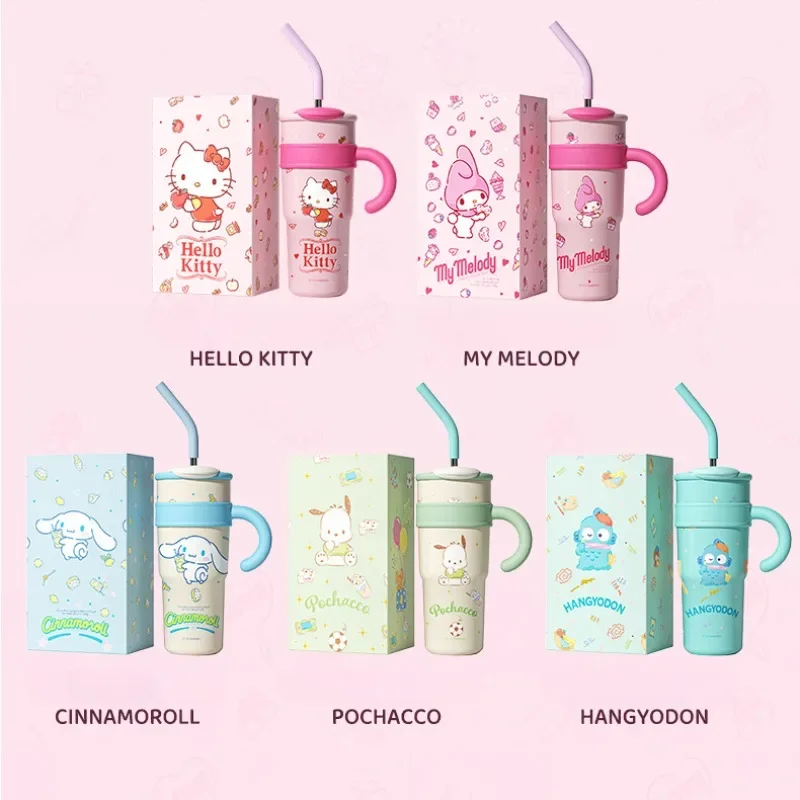 

1200ml Kawaii Sanrio Hello Kitty Thermos Cup My Melody Pochacco Hangyodon Stainless Steel High Capacity Student Handle Straw Cup