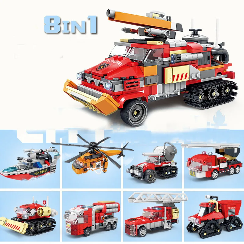 

8 in 1 Fire Rescue Water Cannon Vehicle Block DIY Mini Helicopter Boat Forest Fire Truck Building Brick Toy For Boys Children