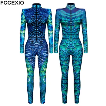 FCCEXIO 공작 깃털 패턴 3D 프린트 코스프레 의상, 섹시한 점프수트 바디수트, 성인 카니발 파티 의상, S-XL 모노