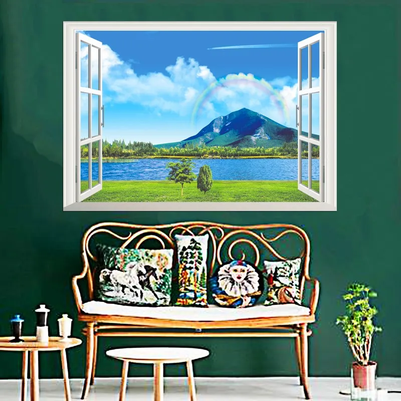 

3d natural rainbow sea mountain view scenery wall stickers home decor living room window landscape wall decals beach pvc mural