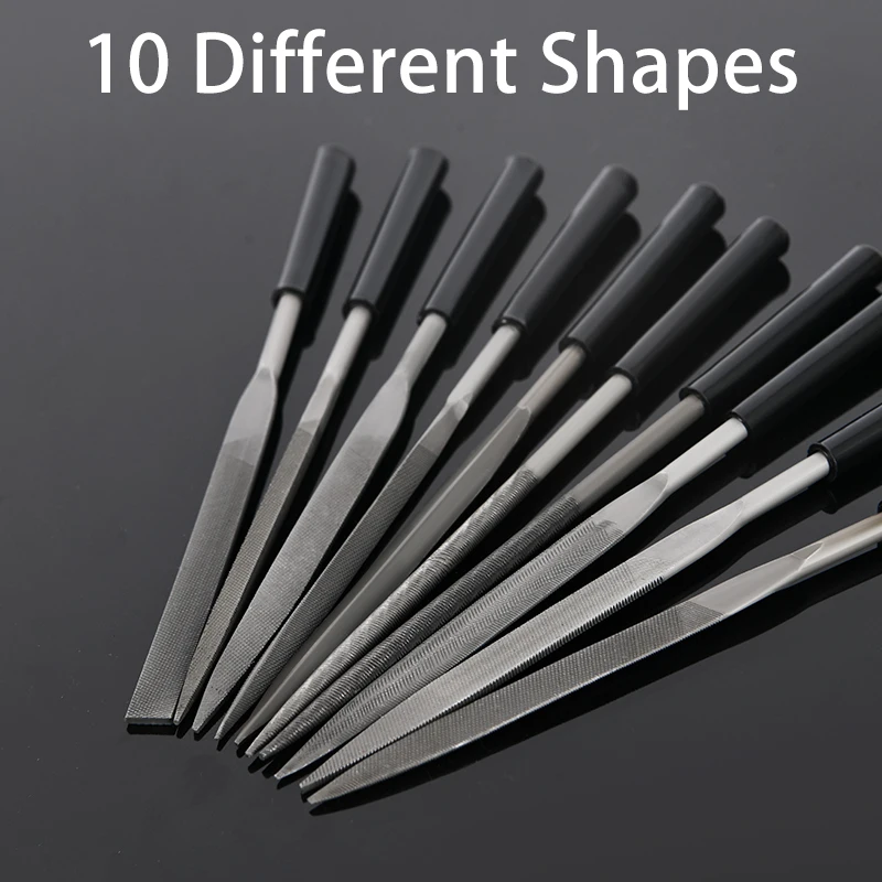 10Pcs 바늘 모양 줄기 세트 3x140mm 미니 쉐이핑 파일 금속 목재 보석 연마 도구용 다양한 평면 원형 사각형 삼각형