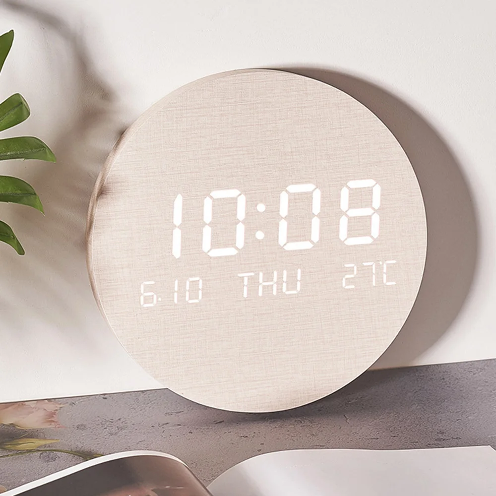 Digital Wall Clock LED Temperature Date Time Multi-function Display Wood Silent Alarm For Bedroom LivingRoom Hanging