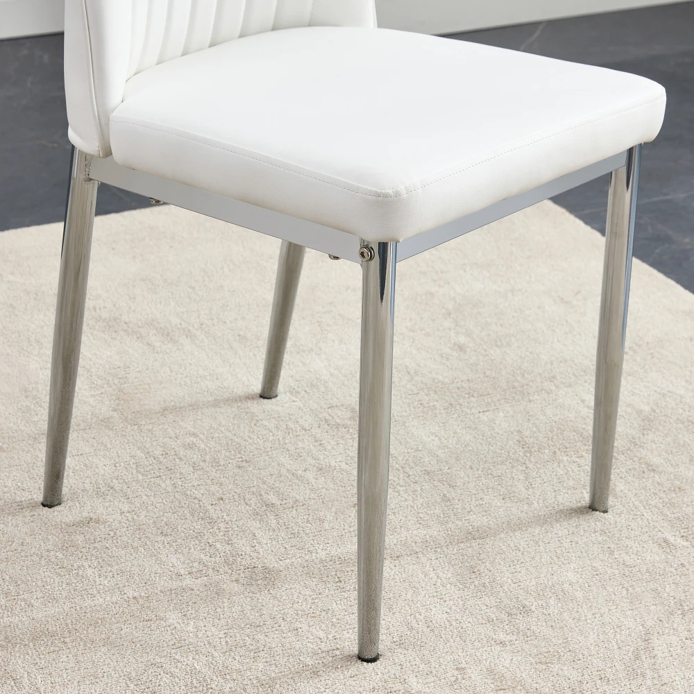 Modernes, ergonomisches 4-teiliges Esszimmerstuhl-Set – stabile silberne Metallbeine, gepolsterter Sitz aus weißem PU-Leder, stilvoll und elegant – Detail 9