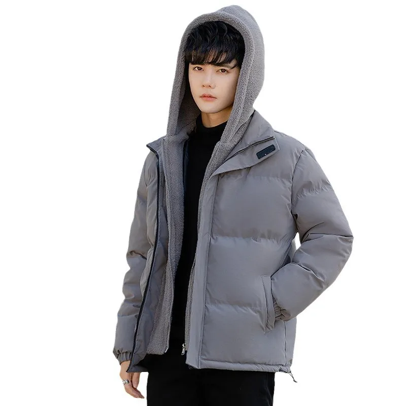 Winter Men's Fake Two Piece Hooded Cotton Coat Fashion Solid Color Oversized Loose Thickened Warm Polar Fleece Jacket